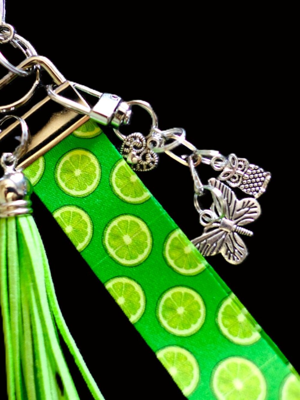 Handmade Lanyard Wristlet Keychain, charms, bag, key, gift, lime, green, blue - Picture 2 of 3